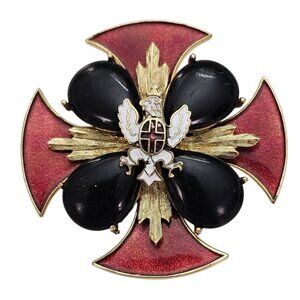 Corocraft Maltese Cross Brooch Red Enamel Black Cabochon Pin, Signed